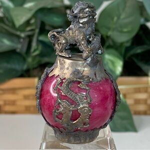 VTG Chinese Miniature Tibetan Silver Foo Dog Pink Onyx Stone Sphere Orb Signed
